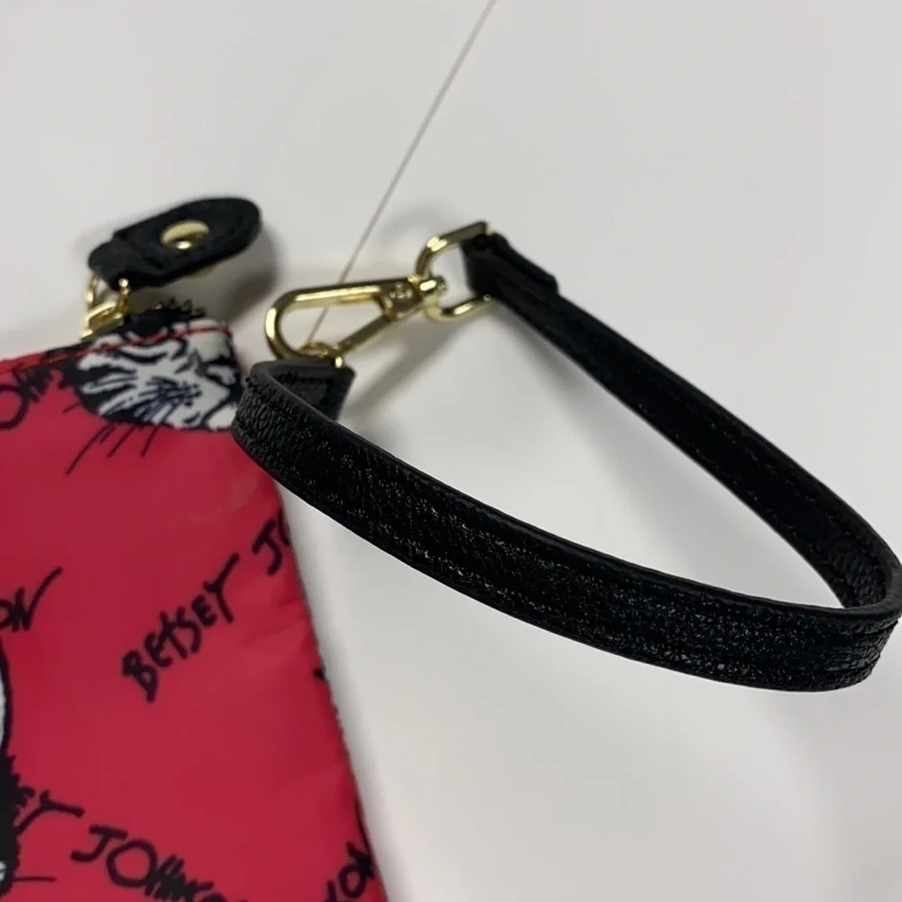 Betsy Johnson Pink Black Zip Cat Wrist Clutch Bag